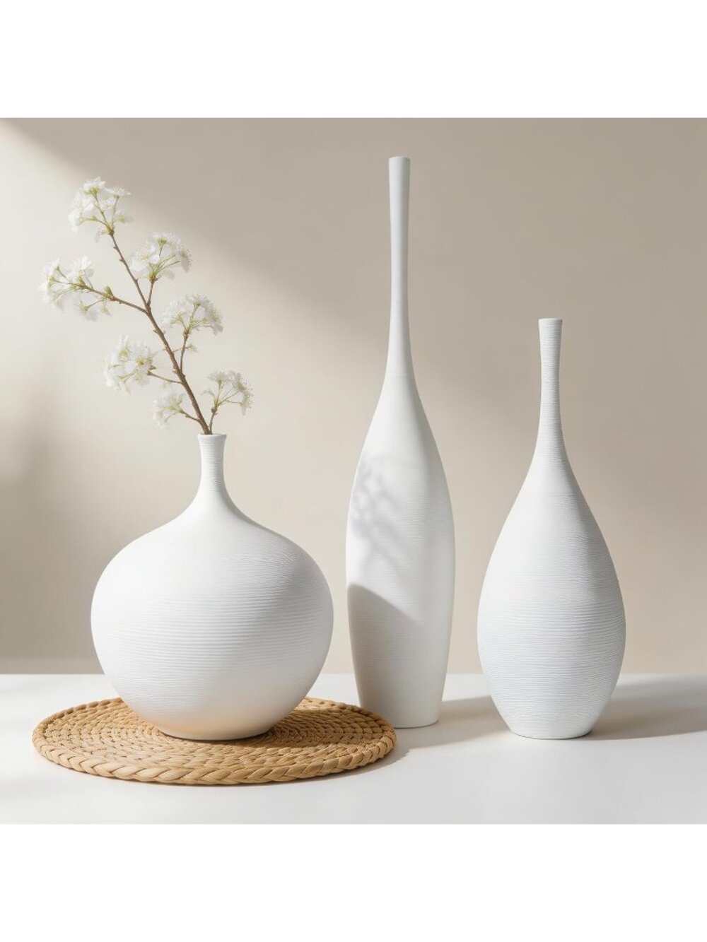 White Ceramic Vase Set Of 3 Modern Boho Matte Minimalist Living Room Decoration